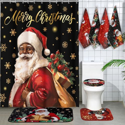 Black Christmas Santa Shower Curtain Set with Rugs and Towels - African American Holiday Decor Variation of THIS listing