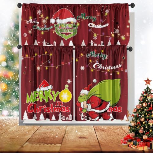 Christmas Curtain Valances Set - Red, 3-Piece Holiday Kitchen Window Decor