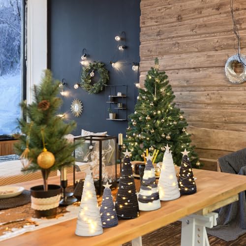 Gray Yarn Cone Christmas Trees with LED Lights & Star Centerpiece - Set of 6