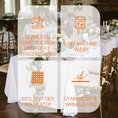 White 6 Pack 60 x 102 Inch Rectangular Tablecloth - Wrinkle & Stain Resistant Polyester, Washable Dining Cover for Parties & Camping Variation of THIS listing
