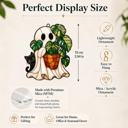 Halloween Ghost Monstera Ornament - Cat Variation, Flat Acrylic Decor, 3.94 Inch