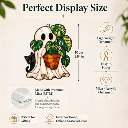Halloween Ghost Monstera Ornament - Cat Variation, Flat Acrylic Decor, 3.94 Inch