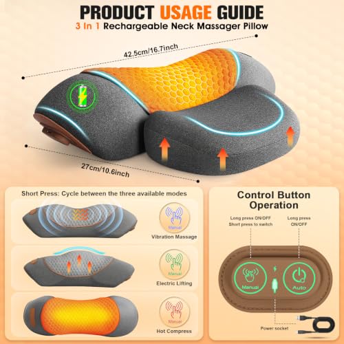 Grey 3-in-1 Cordless Neck Massager Pillow with Heat & Traction