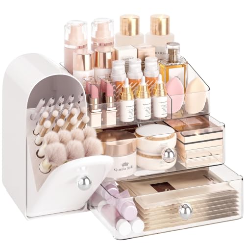 Large White Makeup Organizer with 27 Compartments and Detachable Trays - Retro Fridge Design