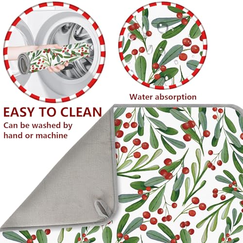 Christmas Dish Drying Mat Holly Berry Holiday Kitchen Decor 18x24 Inch