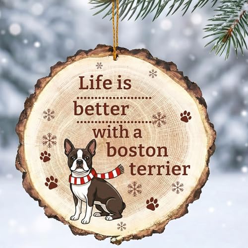 Dog Christmas Ornament - Wooden Boston Terrier Holiday Decor for Tree