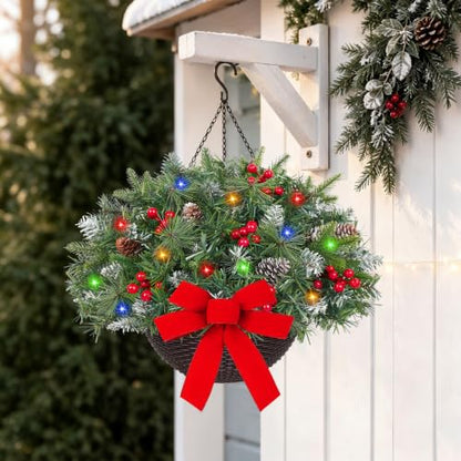 Artificial Christmas Hanging Basket with Lights and Bow - Green, 21 Inches