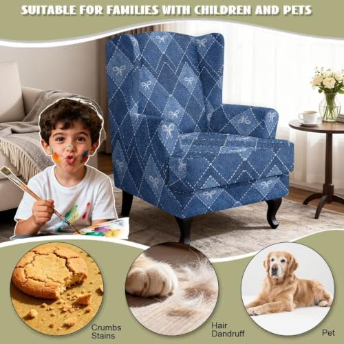 Blue Wingback Chair Slipcover Plaid Bow Pattern Durable Stretch Fit
