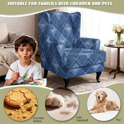 Blue Wingback Chair Slipcover Plaid Bow Pattern Durable Stretch Fit