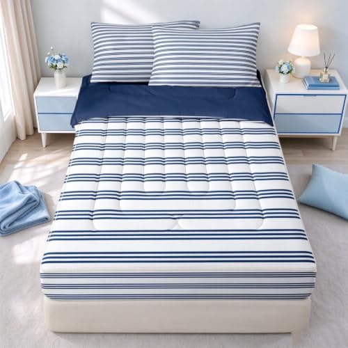 Navy Blue & White Zipper Bedding Set - Twin Size with Comforter & Sheets - Variation: Navy Blue White