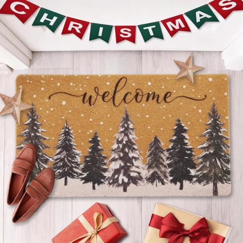 Snow Christmas Tree Door Mat 17x30 Inches - Heavy Duty Coir Welcome Mat