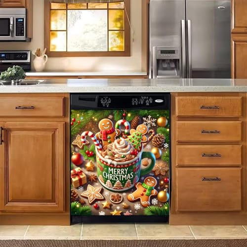 Christmas Dishwasher Magnet Cover 23x26 Inches Reusable Magnetic Refrigerator Sticker - Gingerbread Man Cocoa