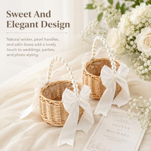 Wicker Flower Girl Basket Set with Pearl Handle & Bow for Wedding Decor