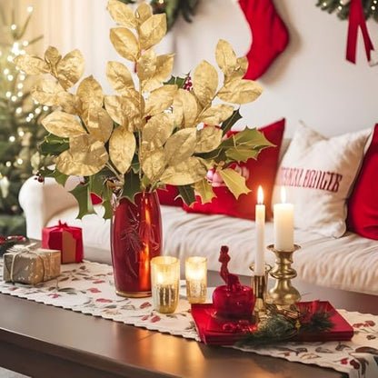 Faux Gold Magnolia Branches - Glitter Gold 28.7in Artificial Floral Stem for Holiday & Home Decor