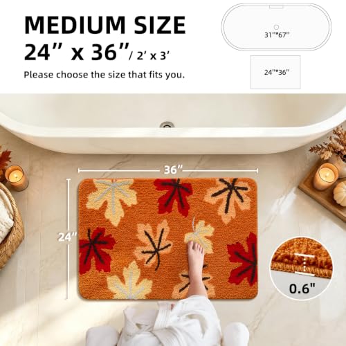 Fall Bathroom Rug 24x36 Inches, Non Slip Washable Orange Bath Mat