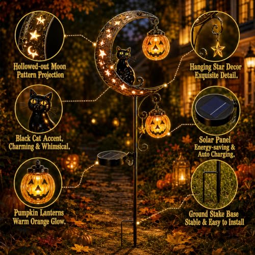 Halloween Solar Black Cat & Pumpkin Garden Stake Light, Outdoor Yard Decor