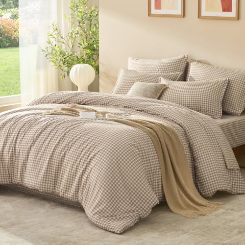 Litanika Full Size Tan Gingham Comforter Set - 7 Pieces Bedroom Bedding