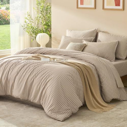 Litanika Full Size Tan Gingham Comforter Set - 7 Pieces Bedroom Bedding