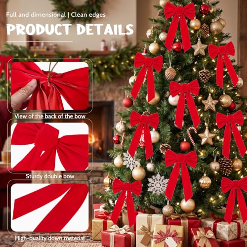 12PCS Velvet Red Christmas Bows for Holiday Decor 13x9 Inches