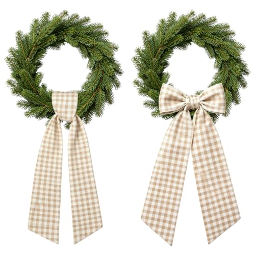 Beige Gingham Wreath Sash for Front Door - 2 Pcs with Bow - Fall & Seasonal Decor