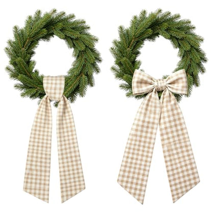 Beige Gingham Wreath Sash for Front Door - 2 Pcs with Bow - Fall & Seasonal Decor