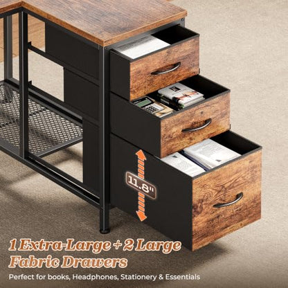 Rustic Brown 47.2-Inch L-Shaped Office Desk with Power Outlets and 3 Drawers