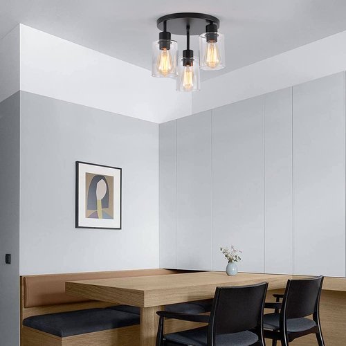 IHENGYANLT 3-Light Industrial Farmhouse Black Matte Light Fixtures Ceiling Mount, with Clear Glass Shades Semi Flush Mount Ceiling Light, for Hallway Fixtures Kitchen, Foyer
