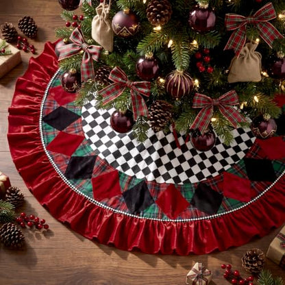 48 Inch Black and White Checkered Christmas Tree Skirt with Burgundy Ruffle - Variation of THIS listing
