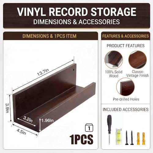 Wall Mount Vinyl Record Holder - Large Wooden Display Shelf for 8-12 LPs