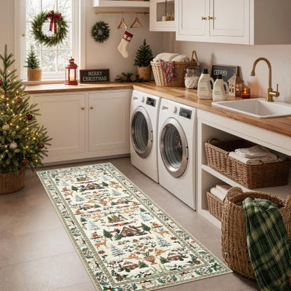 Jinchan Christmas Runner Rug 2x5 Entryway Kitchen Washable Beige Cabin Tales Variation