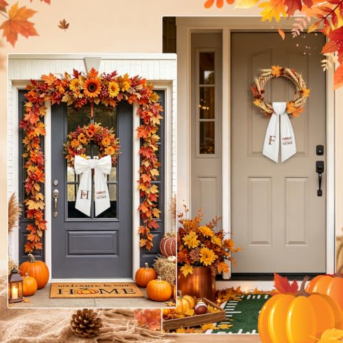 Fall Wreath Sash for Front Door Monogrammed Pumpkin Ribbon Embroidery - B Variation