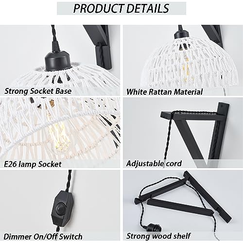 KAMTAT Boho Rattan Plug in Wall Sconces White Hand Woven Wall Lamp with Plug in Cord Rattan Wall Lights Wall Sconce Wall Mounted Light Boho Wall Lighting for Bedroom Living Room(1PK)