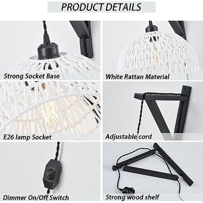 KAMTAT Boho Rattan Plug in Wall Sconces White Hand Woven Wall Lamp with Plug in Cord Rattan Wall Lights Wall Sconce Wall Mounted Light Boho Wall Lighting for Bedroom Living Room(1PK)