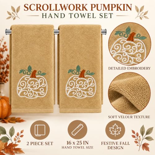 Fall Hand Towels with Scroll Pumpkin Embroidery - Cream, Rust & Green Leaves - 16x25 Inch