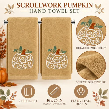 Fall Hand Towels with Scroll Pumpkin Embroidery - Cream, Rust & Green Leaves - 16x25 Inch