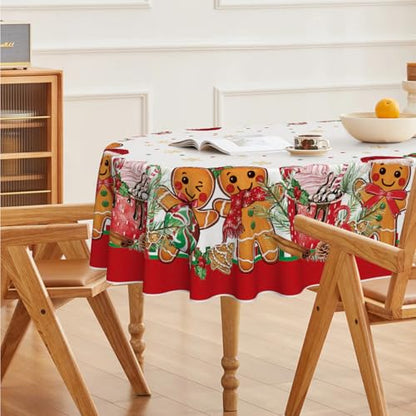 Christmas Tablecloth 60 x 84 Inch Oval Gingerbread Man & Bear Design - White Red