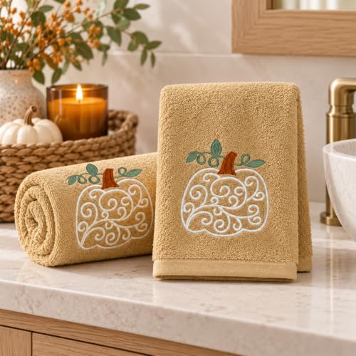 Fall Hand Towels with Scroll Pumpkin Embroidery - Cream, Rust & Green Leaves - 16x25 Inch