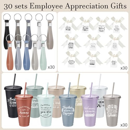 Classic 30-Piece Employee Appreciation Gift Set with Reusable 24 oz Tumblers, Straws, Keychains & Cards