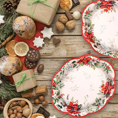Christmas Disposable Oval Paper Plates with Poinsettia Design - 10x12 Inches, 24 Pack