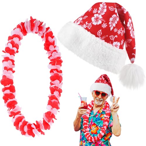 Poen 2 Pcs Hawaiian Christmas Costume Accessories Santa Hat & Leis - Variation of 2