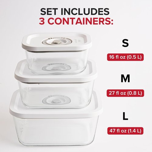 Chef Preserve Glass Vacuum Seal Containers - Food Storage Set (3pcs: Small, Medium, Large)