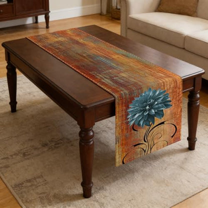 Rust and Blue Chenille Table Runner 13 x 90 Inches - Spring Summer Decor
