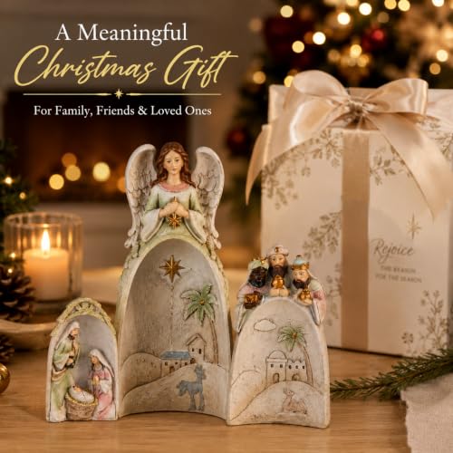 Religious Nativity Scene Statue with Angel, Wise Men & Holy Family