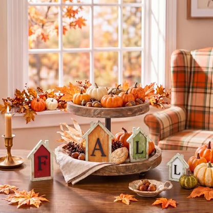 Fall Wooden House Signs Set - Rustic Farmhouse Autumn Decor for Table Mantel Kitchen