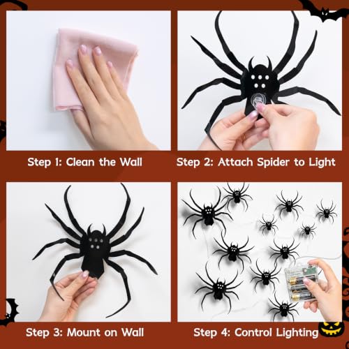 Halloween Spider Fairy Lights Wall Decor with Timer - 20 Pack Lighted Bats & Spiders
