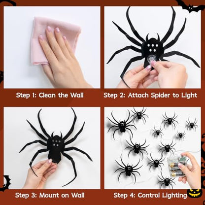 Halloween Spider Fairy Lights Wall Decor with Timer - 20 Pack Lighted Bats & Spiders