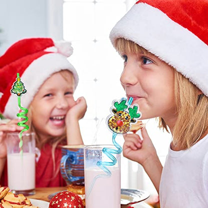 Christmas Glitter Drinking Straws Party Favors - 25 Pack with Cleaning Brushes