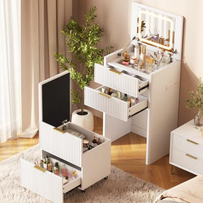 3-in-1 Small Vanity Desk with LED Mirror and Charging Station
