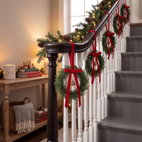 Mini Christmas Wreaths with Ribbon & Bell - 6 Inch Burgundy Set