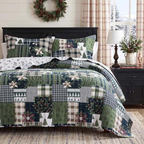 WDCOZY Reversible Christmas Cotton Quilt Queen Size - Green, 90x96 Inches
